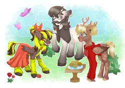 Size: 1280x905 | Tagged: safe, artist:delfinaluther, derpibooru import, oc, butterfly, changeling, deer, earth pony, insect, pegasus, pony, pony town, bush, cape, clothes, commission, deer oc, dress, facial hair, female, flower, food, friends, group, happy, hoodie, horn, image, jpeg, male, moustache, muffin, non-pony oc, red eyes, socks, table