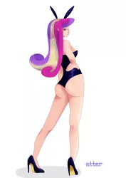 Size: 2508x3541 | Tagged: suggestive, artist:etter, derpibooru import, princess cadance, human, ass, breasts, bunny ears, bunny suit, busty princess cadance, butt, clothes, humanized, image, latex, latex leotard, leotard, looking at you, png, solo, stupid sexy princess cadance