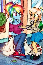 Size: 729x1096 | Tagged: safe, artist:liaaqila, derpibooru import, rainbow dash, oc, oc:healing touch, equestria girls, alternate hairstyle, bag, checkup, clothes, happy, helpful, hoodie, image, jpeg, shopping bag, skirt, stethoscope, stressed