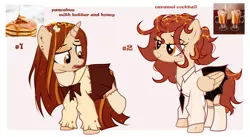 Size: 5117x2812 | Tagged: safe, artist:idkhesoff, derpibooru import, oc, oc:caramel cocktail, oc:honey pancakes, unofficial characters only, pegasus, pony, unicorn, bowtie, clothes, duo, ear piercing, earring, eyebrow piercing, eyeshadow, fangs, female, food, freckles, image, jewelry, lip piercing, makeup, mare, milkshake, necktie, open mouth, pancakes, piercing, png, raised leg, shirt, siblings, sisters, skirt, socks, stockings, tattoo, thigh highs, tongue piercing, wing piercing, wings