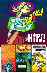 Size: 1988x3056 | Tagged: suggestive, artist:jacalope, derpibooru import, captain celaeno, my little pony: the movie, bloodshot eyes, breast expansion, breasts, comic, eating, fruit, growth, image, onomatopoeia, palm tree, png, screaming, speech bubble, tree, wide hips