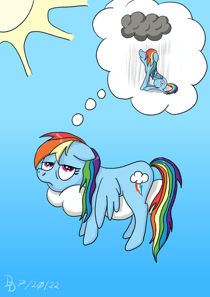 Size: 849x1200 | Tagged: safe, artist:darkdabula, derpibooru import, rainbow dash, pegasus, pony, atg 2022, cloud, floppy ears, hot, image, lying down, newbie artist training grounds, on a cloud, png, prone, rain, solo, sun, thought bubble