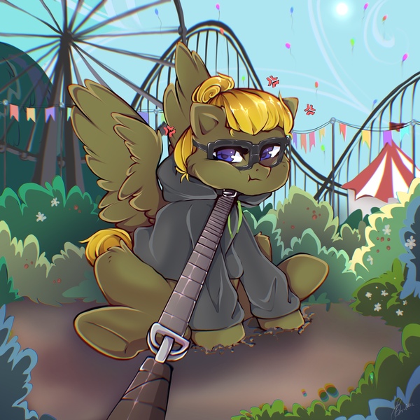 Size: 2048x2048 | Tagged: safe, artist:crybaby, derpibooru import, oc, oc:donnik, pegasus, pony, amusement park, clothes, dragging, glasses, hoodie, image, jpeg, leash, solo, stubborn