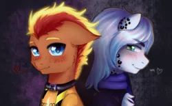 Size: 2640x1640 | Tagged: safe, artist:vaiola, derpibooru import, oc, oc:cold front, oc:fireheart(fire), unofficial characters only, big cat, hybrid, leopard, pegasus, pony, snow leopard, big eyes, blushing, bodysuit, bust, chest fluff, clothes, commission, couple, cute, dark background, eyebrows, fetish, freckles, image, latex, latex suit, looking at you, looking back, male, pegasus oc, png, portrait, rubber, rubber suit, scarf, shiny, shy, simple background, smiling, stripes, tight clothing, wings