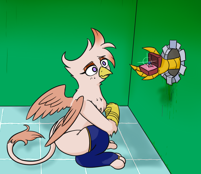 Size: 870x753 | Tagged: suggestive, artist:jargon scott, derpibooru import, oc, oc:whore birb, gryphon, bathroom stall, clothes, engagement ring, female, female focus, glory hole, griffon oc, image, implied gallus, offscreen character, png, socks, solo focus, stockings, thigh highs