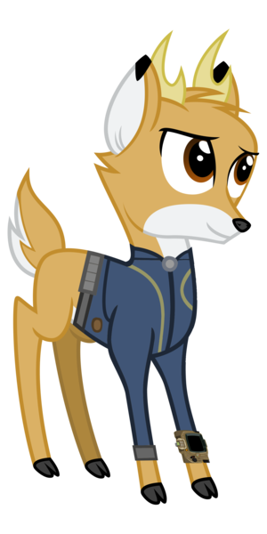 Size: 1600x3200 | Tagged: safe, artist:ponygamer2020, derpibooru import, idw, bramble, deer, fallout equestria, spoiler:comic, spoiler:comic27, spoiler:comic28, clothes, fallout, idw showified, image, jumpsuit, pipboy, png, show accurate, simple background, solo, the root of the problem, transparent background, vault suit, vector
