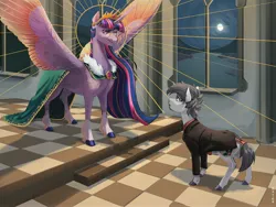 Size: 4000x3000 | Tagged: safe, artist:maxiima, derpibooru import, twilight sparkle, twilight sparkle (alicorn), oc, alicorn, pony, unicorn, beard, cape, clothes, crown, cutie mark, duo, duo male and female, eye contact, facial hair, female, floor, frown, glasses, halo, high res, horn, image, jewelry, jpeg, long mane, looking at each other, looking at someone, male, mare, moon, night, regalia, room, signature, smiling, smirk, spread wings, stallion, standing, suit, unicorn oc, unshorn fetlocks, window, wings