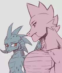 Size: 1754x2080 | Tagged: safe, artist:nire, derpibooru import, princess ember, spike, dragon, adult, adult spike, dragoness, emberspike, female, girl staring at guy's chest, gray background, height difference, image, jpeg, limited palette, male, meme, muscles, muscular male, older, older spike, pecs, shipping, simple background, straight