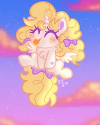 Size: 800x1000 | Tagged: safe, artist:cutiesparke, derpibooru import, baby surprise, alicorn, pony, alternate hairstyle, baby, baby adoraprise, baby pony, baby surprisicorn, blushing, bow, cloud, cute, eye clipping through hair, eyes closed, female, filly, flying, foal, g1, g1 to g4, g4, generation leap, gradient background, hair bow, hoof heart, image, pigtails, png, princess surprise, race swap, starry night, stars, sunset, tail, tail bow