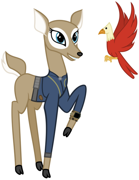 Size: 2928x3800 | Tagged: safe, artist:ponygamer2020, derpibooru import, idw, bird, deer, fallout equestria, spoiler:comic, spoiler:comic61, clothes, cloven hooves, convocation of the creatures, doe, fallout, female, horn, idw showified, image, jumpsuit, pipboy, png, queen birch, raised hoof, show accurate, simple background, solo, stag, transparent background, vault suit, vector