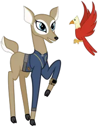 Size: 2928x3800 | Tagged: safe, artist:ponygamer2020, derpibooru import, idw, bird, deer, fallout equestria, spoiler:comic, spoiler:comic61, clothes, cloven hooves, convocation of the creatures, doe, fallout, female, horn, idw showified, image, jumpsuit, pipboy, png, queen birch, raised hoof, show accurate, simple background, solo, stag, transparent background, vault suit, vector