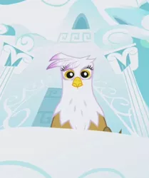 Size: 397x475 | Tagged: safe, screencap, gilda, gryphon, griffon the brush off, cloud, cloud house, cropped, cropped screencap, folded wings, image, looking at you, looking down, looking down at you, png, sitting, solo, stare, staring at you, wings