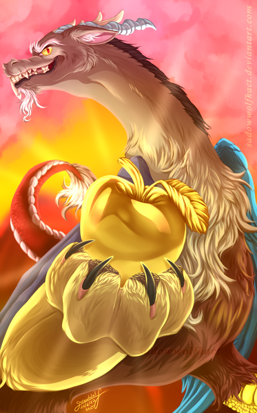 Size: 745x1200 | Tagged: safe, artist:sadowwolfkact, derpibooru import, discord, draconequus, apple, claws, food, golden apple, image, low angle, male, png, sharp teeth, solo, speedpaint, sunlight, sunset, teeth