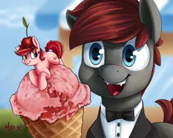 Size: 2250x1800 | Tagged: safe, artist:supermoix, derpibooru import, oc, oc:hunter blood moon, bat pony, earth pony, pony, blue eyes, bow, cherry, clothes, cute, food, ice cream, ice cream shop, image, looking at each other, looking at someone, lying down, png, red hair, simple background, tuxedo