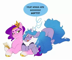 Size: 2604x2167 | Tagged: safe, artist:aztrial, derpibooru import, izzy moonbow, pipp petals, pegasus, pony, unicorn, blushing, bracelet, coat markings, dialogue, duo, duo female, female, fluffy, friendship bracelet, g5, headband, horn, image, jewelry, jpeg, mare, mobile phone, onomatopoeia, phone, photo, pipp petals is not amused, simple background, smartphone, socks (coat marking), soft, sparkles, speech bubble, unamused, unshorn fetlocks, white background, wings