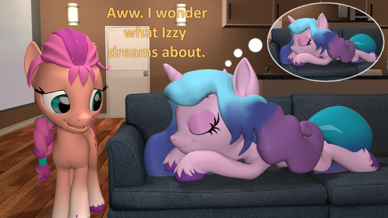 Size: 1920x1080 | Tagged: safe, artist:red4567, derpibooru import, izzy moonbow, sunny starscout, pony, 3d, atg 2022, dream, female, g5, image, mare, newbie artist training grounds, png, sleeping, source filmmaker