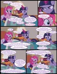 Size: 1042x1358 | Tagged: safe, artist:dendoctor, derpibooru import, mean twilight sparkle, pinkie pie, twilight sparkle, twilight sparkle (alicorn), alicorn, earth pony, pony, comic:clone.., alternate universe, bed, blanket, book, clifford the big red dog, clone, comic, female, g4, glow, glowing horn, horn, image, jpeg, magic, mare, pillow, pinkie clone, plushie, telekinesis