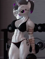 Size: 3000x3900 | Tagged: suggestive, artist:dashie116, derpibooru import, dumbbell, oc, oc:hazel radiate, unofficial characters only, anthro, pony, unicorn, 3d, abs, anthro oc, arm wraps, bandage, belly button, blender, bra, clothes, commission, commissioner:biohazard, eyebrows, eyelashes, female, fetish, glasses, gym, high res, highlights, horn, image, mare, muscle fetish, muscles, muscular female, panties, png, ponytail, purple eyes, solo, solo female, underwear, unicorn oc, ych result