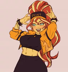 Size: 630x668 | Tagged: safe, artist:nire, derpibooru import, sunset shimmer, human, equestria girls, alternate hairstyle, baseball cap, beige background, belly button, bracelet, cap, clothes, female, freckles, hat, image, jacket, jpeg, looking at you, open mouth, open smile, simple background, smiling, smiling at you, solo, spiked wristband, wip, wristband