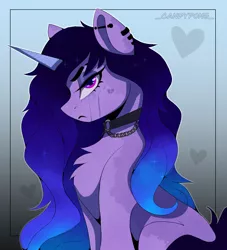 Size: 1684x1851 | Tagged: safe, artist:_candypone_, derpibooru import, izzy moonbow, pony, unicorn, chest fluff, female, g5, goth, goth izzy, image, jpeg, looking at you, mare, simple background, sitting, solo