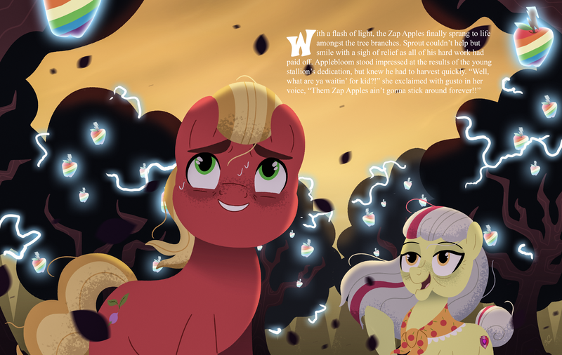 Size: 7083x4479 | Tagged: safe, artist:bearmation, derpibooru import, apple bloom, sprout cloverleaf, earth pony, pony, absurd resolution, apple, apple tree, clothes, duo, elderly, female, food, g5, granny smith's shawl, image, lightning, male, mare, older, older apple bloom, png, shawl, smiling, stallion, story included, sweat, text, tree, zap apple, zap apple tree