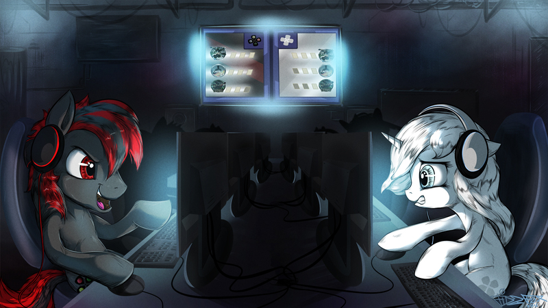 Size: 1920x1080 | Tagged: safe, artist:fidzfox, derpibooru import, oc, unofficial characters only, earth pony, pony, unicorn, computer, computer mouse, gaming, gaming headphones, gaming headset, headset, image, jpeg, wires