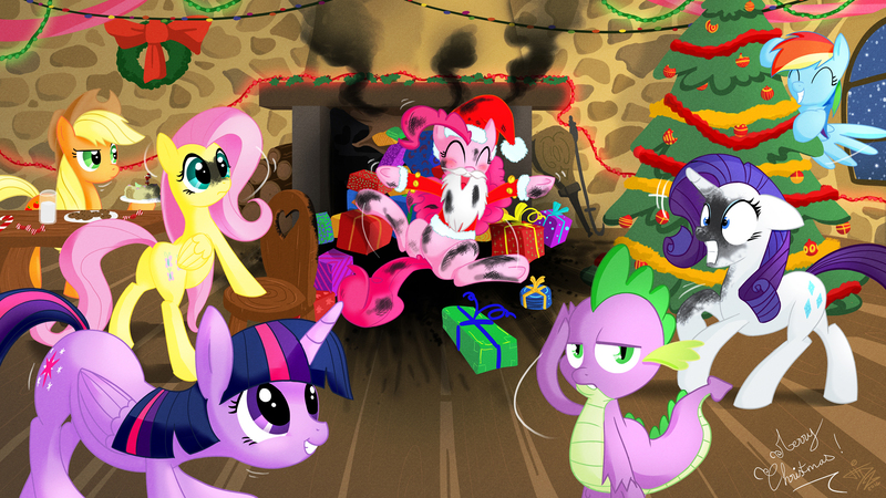 Size: 1920x1080 | Tagged: safe, artist:fidzfox, derpibooru import, applejack, fluttershy, pinkie pie, rainbow dash, rarity, spike, twilight sparkle, twilight sparkle (alicorn), alicorn, dragon, earth pony, pegasus, pony, unicorn, christmas, clothes, costume, female, fireplace, holiday, image, jpeg, male, mane seven, mane six, mare, present, santa costume, soot