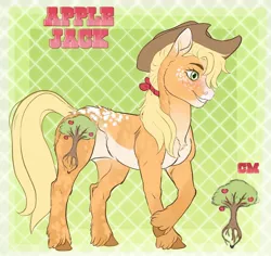 Size: 1440x1358 | Tagged: safe, artist:jadejellie, derpibooru import, applejack, pony, alternate cutie mark, alternate design, chest fluff, coat markings, dappled, image, jpeg, smiling, solo, twitterina design, unshorn fetlocks