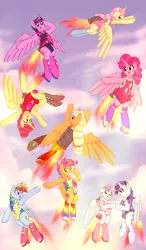 Size: 3500x6000 | Tagged: suggestive, artist:ponykittenboi, derpibooru import, apple bloom, applejack, fluttershy, pinkie pie, rainbow dash, rarity, scootaloo, sweetie belle, twilight sparkle, twilight sparkle (alicorn), alicorn, pony, alicornified, boots, bulges, clothes, cloud, crotch bulge, cutie mark, cutie mark crusaders, cutie mark on clothes, derpibooru exclusive, excited, female, fire, flying, frog (hoof), futa, futa apple bloom, futa applejack, futa fluttershy, futa only, futa pinkie pie, futa rainbow dash, futa rarity, futa scootaloo, futa sweetie belle, futa twilight sparkle, high heel boots, high res, image, intersex, jetpack, mane six, older, older apple bloom, older cmc, older scootaloo, older sweetie belle, open mouth, penis, png, race swap, request, requested art, scared, shoes, siblings, signature, sisters, sky, smiling, underhoof