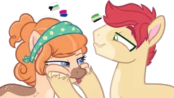 Size: 1237x699 | Tagged: safe, artist:thatonefluffs, derpibooru import, bright mac, pear butter, earth pony, pony, the perfect pear, :p, >:p, bisexual pride flag, freckles, headcanon, image, mouthpiece, png, pride, pride flag, redesign, sexuality headcanon, tongue out, unshorn fetlocks