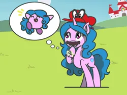 Size: 1800x1350 | Tagged: safe, artist:flutterluv, derpibooru import, part of a set, izzy moonbow, pony, unicorn, atg 2022, cappy (mario), facial hair, g5, hat, image, jpeg, kirby, kirby (series), moustache, mushroom kingdom, newbie artist training grounds, part of a series, sad, solo, species swap, super mario bros., super mario odyssey, thought bubble