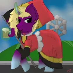 Size: 3000x3000 | Tagged: safe, artist:spiroudada, derpibooru import, oc, oc:velvet sky, unofficial characters only, pony, unicorn, alcohol, beer, belgium, clothes, crossdressing, cute, drawing, dress, flag, image, male, national flag, png, solo, stallion