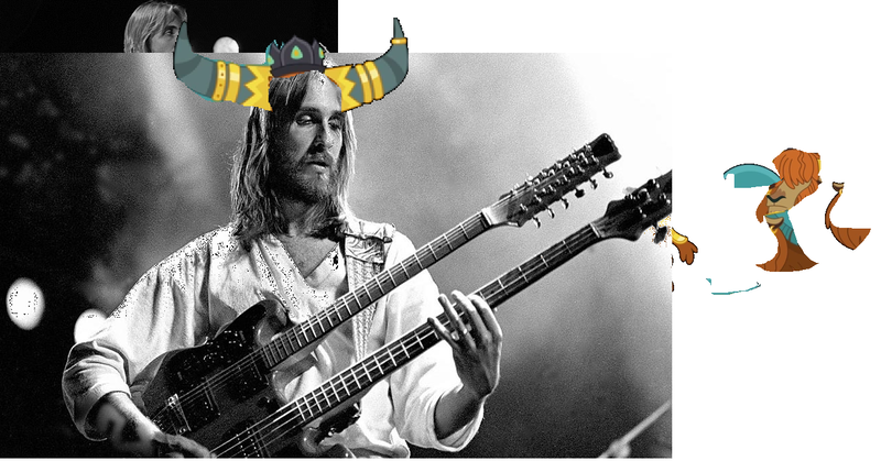 Size: 1303x682 | Tagged: safe, artist:super trampoline, derpibooru import, prince rutherford, yak, 1000 hours in ms paint, bass guitar, crossover, genesis, genesis (band), image, irl, mike rutherford, musical instrument, obscure reference, photo, png, pun, rock (music)