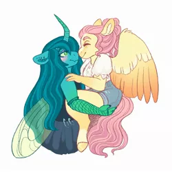 Size: 2179x2179 | Tagged: safe, artist:merviellee, derpibooru import, fluttershy, queen chrysalis, anthro, changedling, changeling, alternate hairstyle, blushing, boop, carrying, chrysashy, female, image, jpeg, lesbian, noseboop, purified chrysalis, shipping, simple background, white background