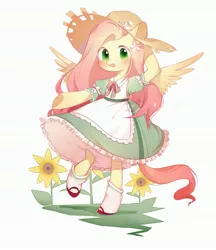 Size: 2689x3115 | Tagged: safe, artist:dreamsugar, derpibooru import, fluttershy, pegasus, pony, semi-anthro, clothes, dress, female, flower, grass, hat, image, jpeg, looking at you, mare, open mouth, shoes, simple background, socks, solo, spread wings, sunflower, underhoof, white background, wings