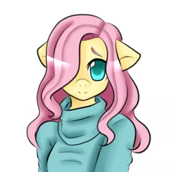Size: 400x400 | Tagged: safe, artist:jozalynn-chasity, derpibooru import, fluttershy, anthro, pony, clothes, cute, female, hair over one eye, image, looking at you, mare, png, shyabetes, simple background, solo, sweater, turtleneck, white background