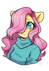 Size: 1024x1474 | Tagged: safe, artist:jozalynn-chasity, derpibooru import, fluttershy, anthro, pony, bust, clothes, cute, deviantart watermark, female, hair over one eye, image, looking at you, mare, obtrusive watermark, png, redraw, shyabetes, simple background, solo, sweater, transparent background, turtleneck, watermark, wavy mouth