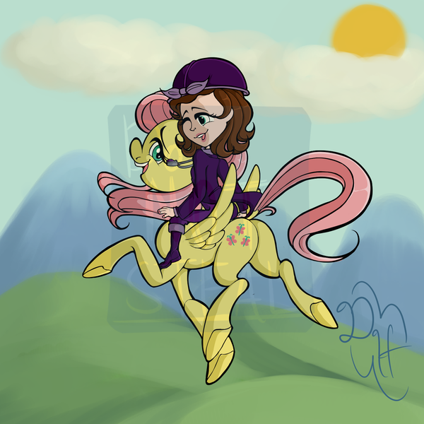 Size: 1280x1280 | Tagged: safe, artist:doloreshazelnutter, derpibooru import, fluttershy, human, pegasus, pony, butt, crossover, duo, duo female, female, flutterbutt, humans riding ponies, image, mare, obtrusive watermark, plot, png, riding, sofia the first, watermark