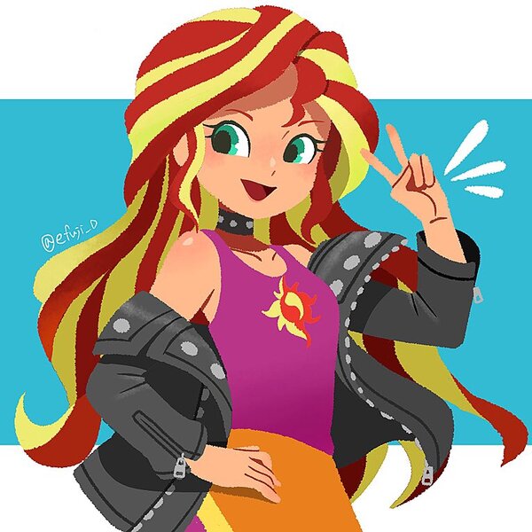 Size: 766x766 | Tagged: safe, artist:efuji_d, derpibooru import, sunset shimmer, human, bare shoulders, clothes, female, hand on hip, humanized, image, jpeg, looking at you, open mouth, open smile, peace sign, simple background, smiling, smiling at you, solo, white background