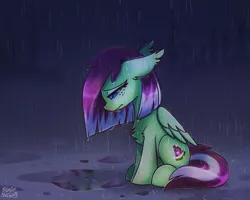 Size: 2560x2048 | Tagged: safe, artist:sugar morning, derpibooru import, oc, oc:watermelon success, unofficial characters only, pegasus, pony, commission, crying, depressed, female, image, mare, png, puddle, rain, sad, sitting, solo