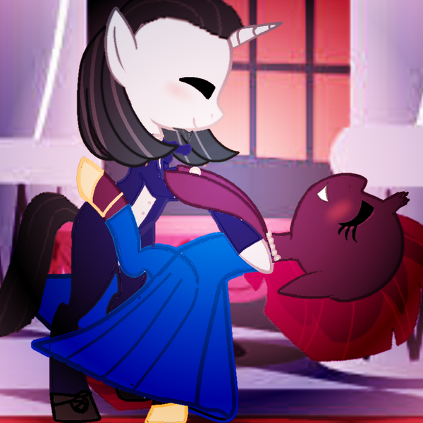 Size: 894x894 | Tagged: safe, artist:decokenite, artist:fallen--fate, derpibooru import, chancellor neighsay, fizzlepop berrytwist, tempest shadow, pony, unicorn, blushing, bracelet, canterlot, canterlot castle, clothes, dancing, dress, eyeshadow, female, gala, gala dress, heels on a horse, holding a pony, image, jewelry, makeup, male, mare, necklace, png, shipping, smiling, stallion, straight, suit, tempest neighsay, tuxedo