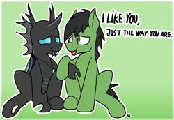 Size: 1186x814 | Tagged: safe, artist:sefastpone, derpibooru import, oc, oc:anon stallion, changeling, earth pony, pony, abstract background, canon x oc, digital art, gay, holding hooves, image, looking at each other, looking at someone, male, png, positive ponies, sefast's anon, simple background, sitting, speech bubble, stallion