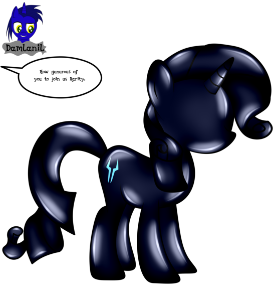 Size: 3840x4154 | Tagged: safe, artist:damlanil, derpibooru import, rarity, latex pony, original species, pony, unicorn, bondage, comic, commission, dialogue, encasement, female, horn, image, latex, latexified, living latex, mare, no eyes, no face, no mouth, offscreen character, png, rubber, rubber drone, rubber suit, shiny, show accurate, simple background, solo, speech bubble, storm king's emblem, story, story included, text, transformation, transparent background, vector