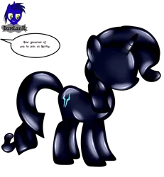 Size: 3840x4154 | Tagged: safe, artist:damlanil, derpibooru import, rarity, latex pony, original species, pony, unicorn, bondage, comic, commission, dialogue, encasement, female, horn, image, latex, latexified, living latex, mare, no eyes, no face, no mouth, offscreen character, png, rubber, rubber drone, rubber suit, shiny, show accurate, simple background, solo, speech bubble, storm king's emblem, story, story included, text, transformation, transparent background, vector
