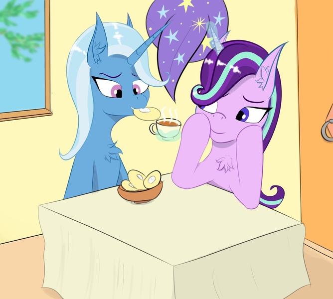 Size: 1855x1666 | Tagged: safe, artist:drakang, derpibooru import, starlight glimmer, trixie, pony, unicorn, chest fluff, clothes, cup, duo, duo female, fanfic art, female, food, hat, image, jpeg, levitation, magic, smiling, table, teacup, telekinesis, trixie's hat