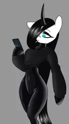 Size: 2353x4243 | Tagged: suggestive, artist:tenenbris, derpibooru import, oc, oc:culpa, semi-anthro, unicorn, bipedal, candy, clothes, eyeshadow, food, hoodie, image, latex, latex suit, lollipop, makeup, mobile phone, phone, png, smartphone