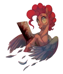 Size: 934x1085 | Tagged: semi-grimdark, artist:traceofstardust, derpibooru import, pony, fanfic:cupcakes, blood, bloody knife, butcher knife, creepypasta, feather, female, hoof hold, image, implied death, implied rainbow dash, knife, looking at you, mare, png, simple background, solo, transparent background, wings