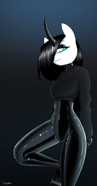 Size: 2093x4002 | Tagged: suggestive, artist:tenenbris, derpibooru import, oc, oc:culpa, anthro, unicorn, clothes, hoodie, image, latex, latex suit, png