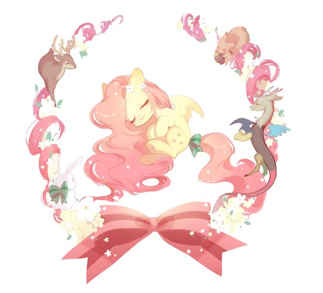 Size: 2353x2129 | Tagged: safe, artist:dreamsugar, derpibooru import, discord, fluttershy, deer, draconequus, pegasus, pony, rabbit, reindeer, :3, animal, eyes closed, female, flower, flower in hair, image, jpeg, male, mare, ribbon, simple background, underhoof, white background, wings