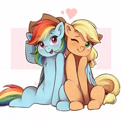 Size: 2048x2048 | Tagged: safe, artist:applesartt, derpibooru import, applejack, rainbow dash, earth pony, pegasus, pony, appledash, applejack's hat, cowboy hat, duo, duo female, eye clipping through hair, female, freckles, hat, hug, image, jpeg, lesbian, looking at you, mare, one eye closed, open mouth, raised hoof, shipping, simple background, sitting, white background, winghug, wings